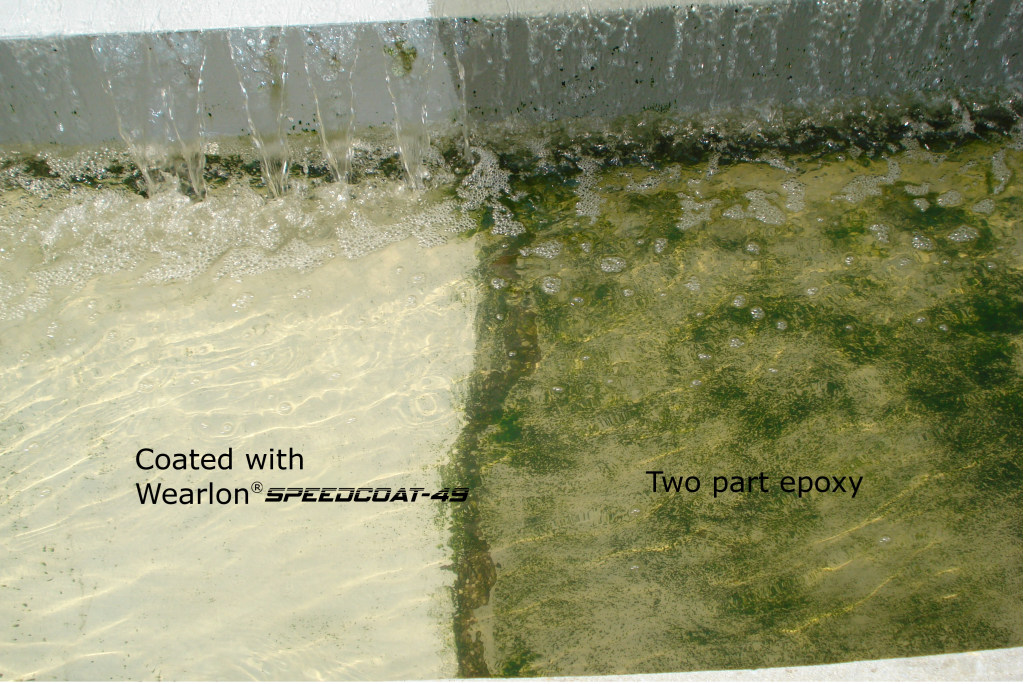 Picture illustrates algae growing on a standard two-part epoxy surface, while the Wearlon Speedcoat-49 coated surface is nearly algae free.  This picture comes from testing different epoxies on the secondary clarifier at a water treatment facility.